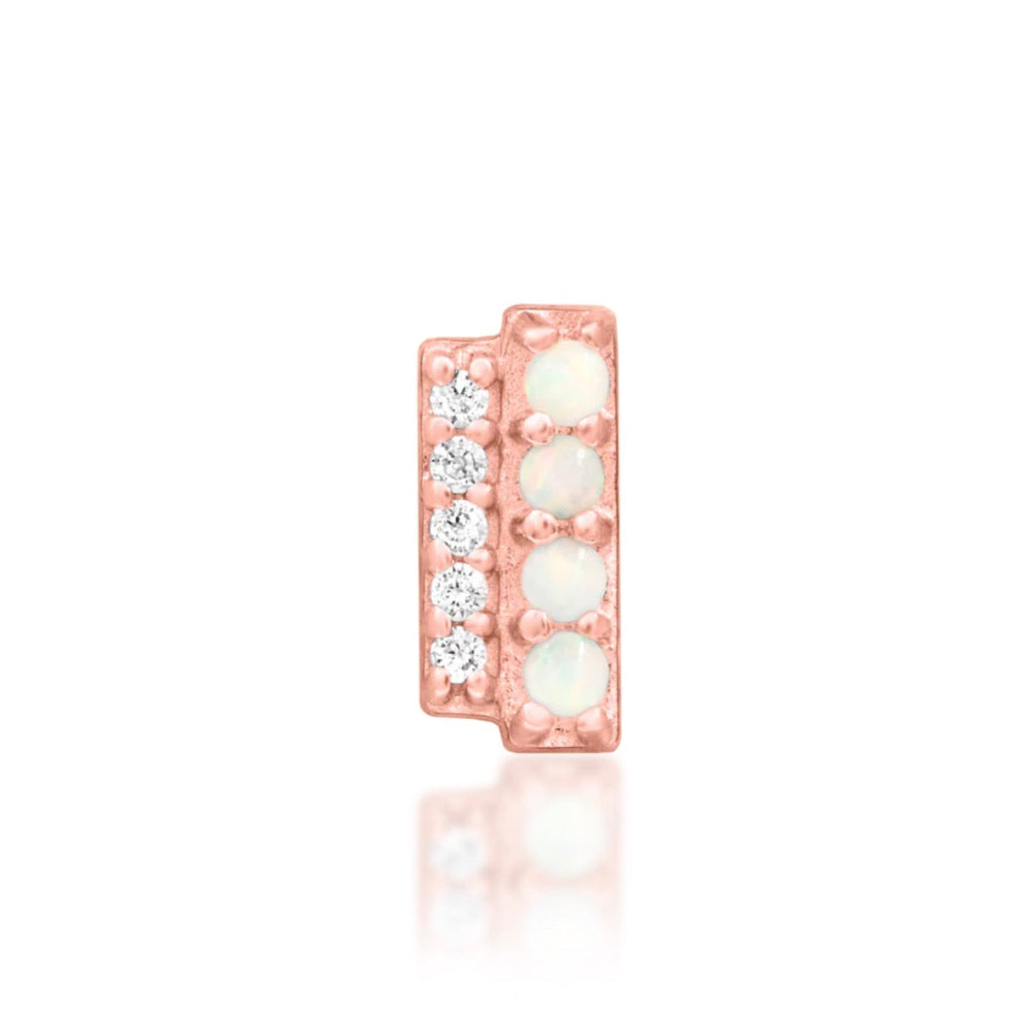 Junipurr Bartlett solid 14k rose gold threadless end with opal and White CZ, front view.