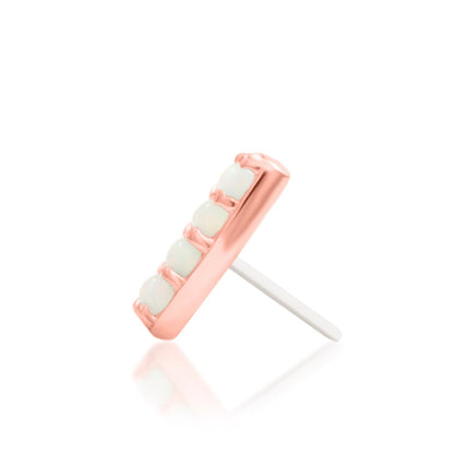 Junipurr Bartlett solid 14k rose gold opal and White CZ threadless end, side profile.