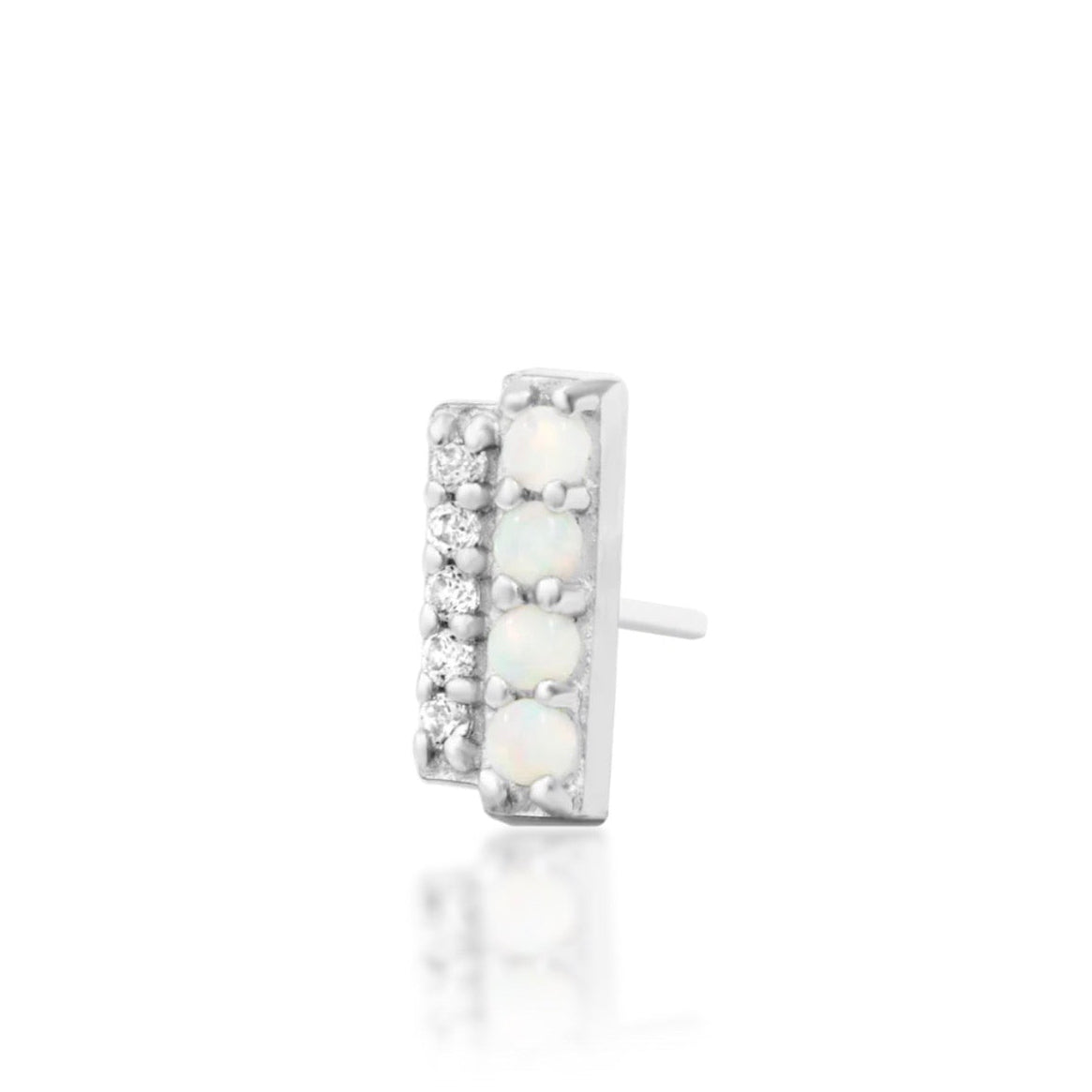 Junipurr Bartlett solid 14k white gold opal and White CZ threadless end, angled view.
