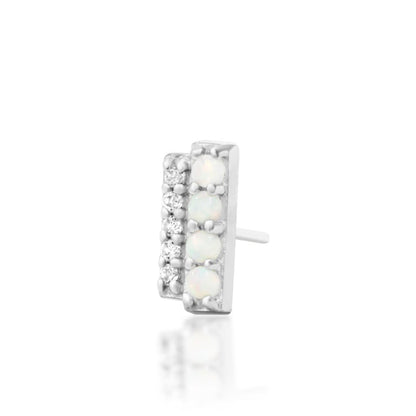Junipurr Bartlett solid 14k white gold opal and White CZ threadless end, angled view.