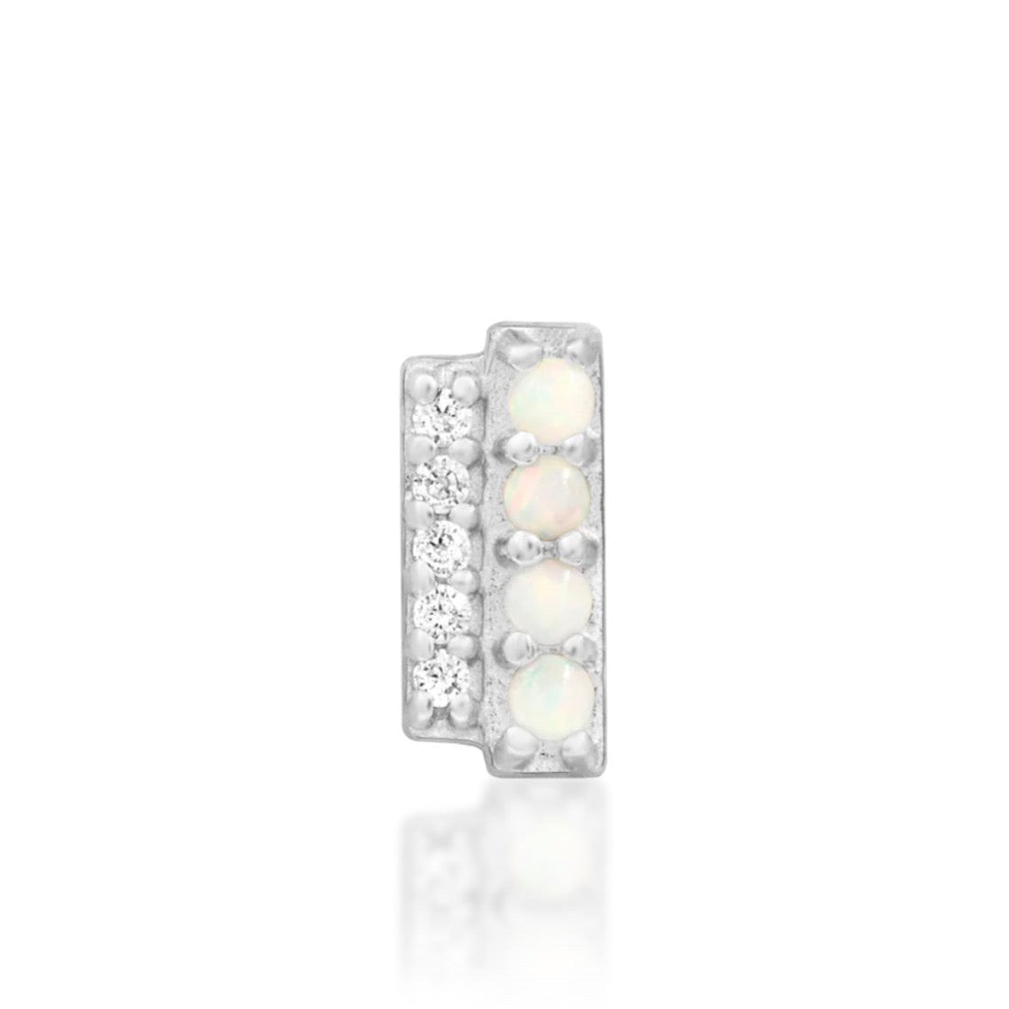 Junipurr Bartlett solid 14k white gold threadless end with opal and White CZ, front view.
