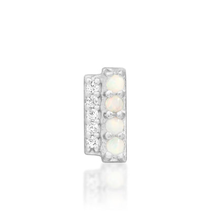 Junipurr Bartlett solid 14k white gold threadless end with opal and White CZ, front view.