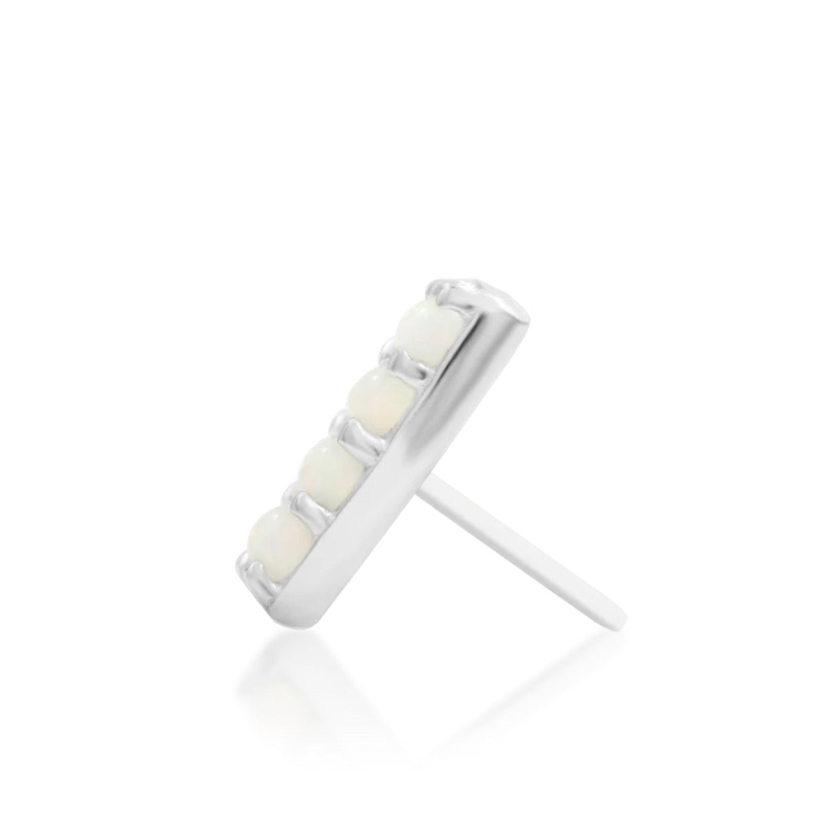 Junipurr Bartlett solid 14k white gold opal and White CZ threadless end, side profile.