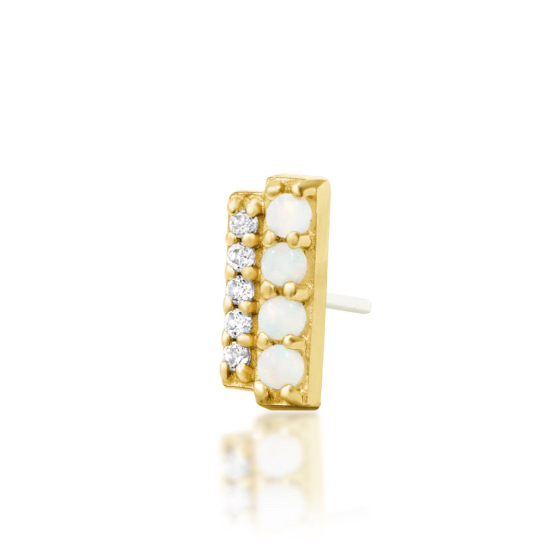 Junipurr Bartlett solid 14k yellow gold opal and White CZ threadless end, angled view.