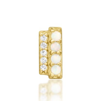 Junipurr Bartlett solid 14k yellow gold threadless end with opal and White CZ, front view.