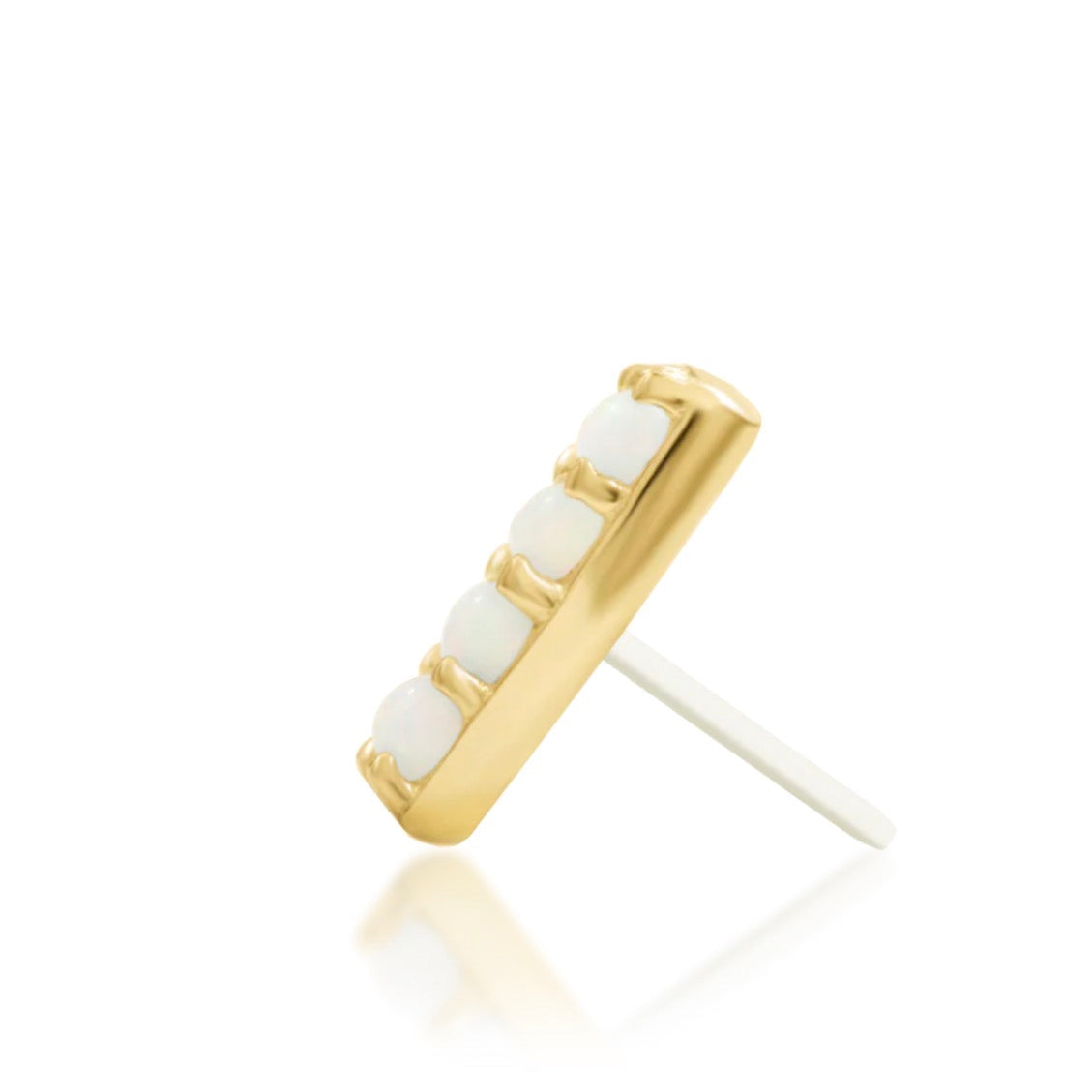 Junipurr Bartlett solid 14k yellow gold opal and White CZ threadless end, side profile.