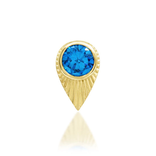 Junipurr Bea solid 14k yellow gold threadless end with a 4mm Blue Topaz, front view.