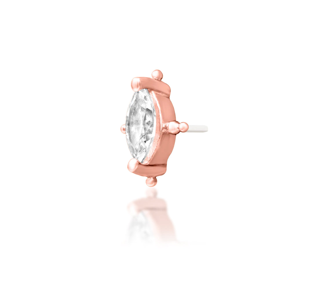 Junipurr Beaded Marquise solid 14k rose gold marquise CZ threadless end with beaded detailing, angled view.