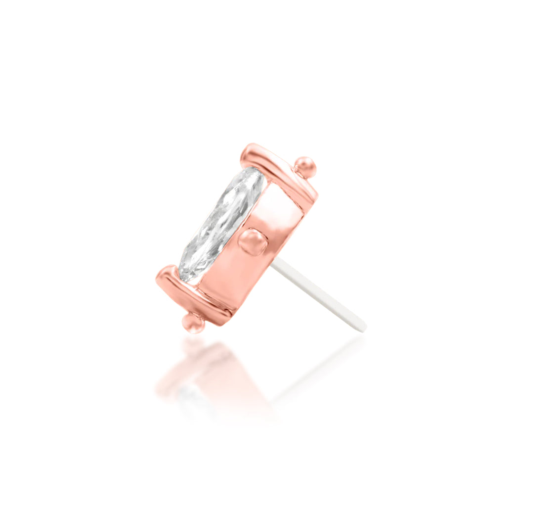 Junipurr Beaded Marquise solid 14k rose gold marquise CZ threadless end, side profile.