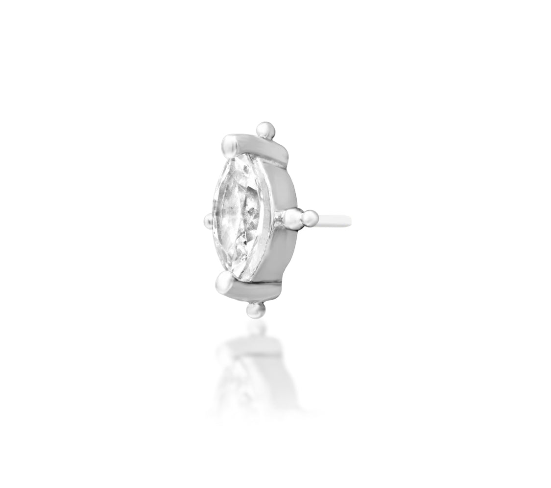 Junipurr Beaded Marquise solid 14k white gold marquise CZ threadless end with beaded detailing, angled view.