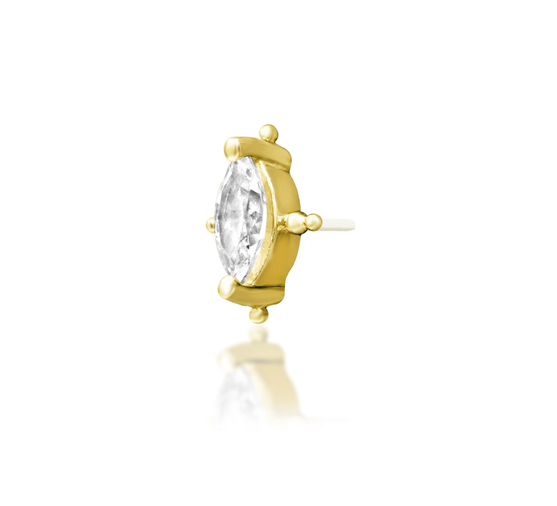 Junipurr Beaded Marquise solid 14k yellow gold marquise CZ threadless end with beaded detailing, angled view.