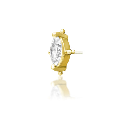 Junipurr Beaded Marquise solid 14k yellow gold marquise CZ threadless end with beaded detailing, angled view.