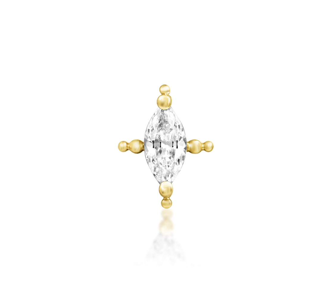 Junipurr Beaded Marquise solid 14k yellow gold threadless end with a marquise-cut CZ and beaded frame, front view.
