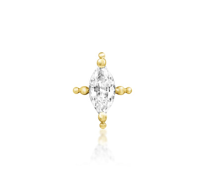 Junipurr Beaded Marquise solid 14k yellow gold threadless end with a marquise-cut CZ and beaded frame, front view.