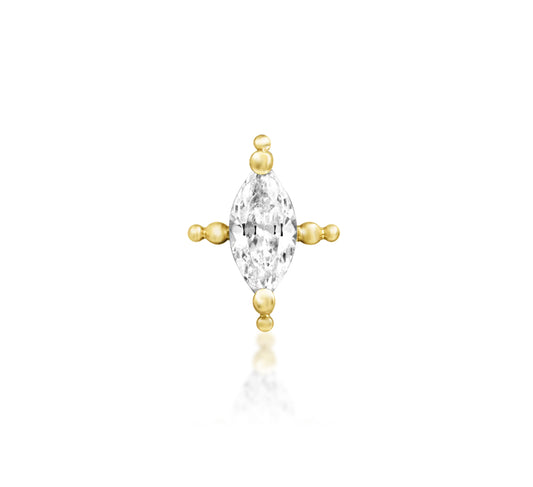 Junipurr Beaded Marquise solid 14k yellow gold threadless end with a marquise-cut CZ and beaded frame, front view.