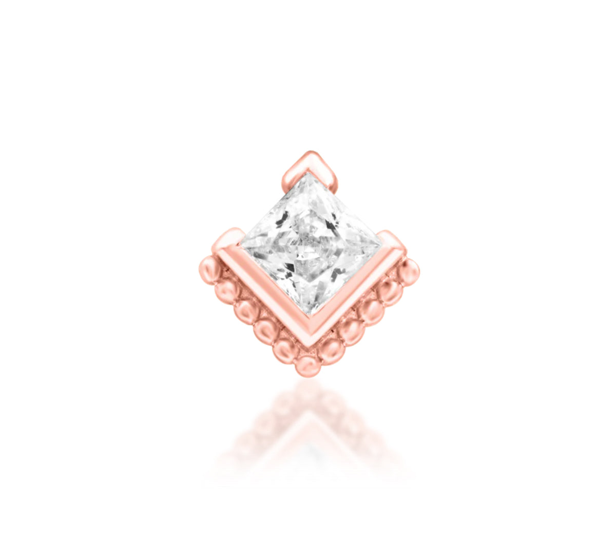 Junipurr Beaded Princess solid 14k gold fixed threadless end with White CZ and beaded detailing, product view.