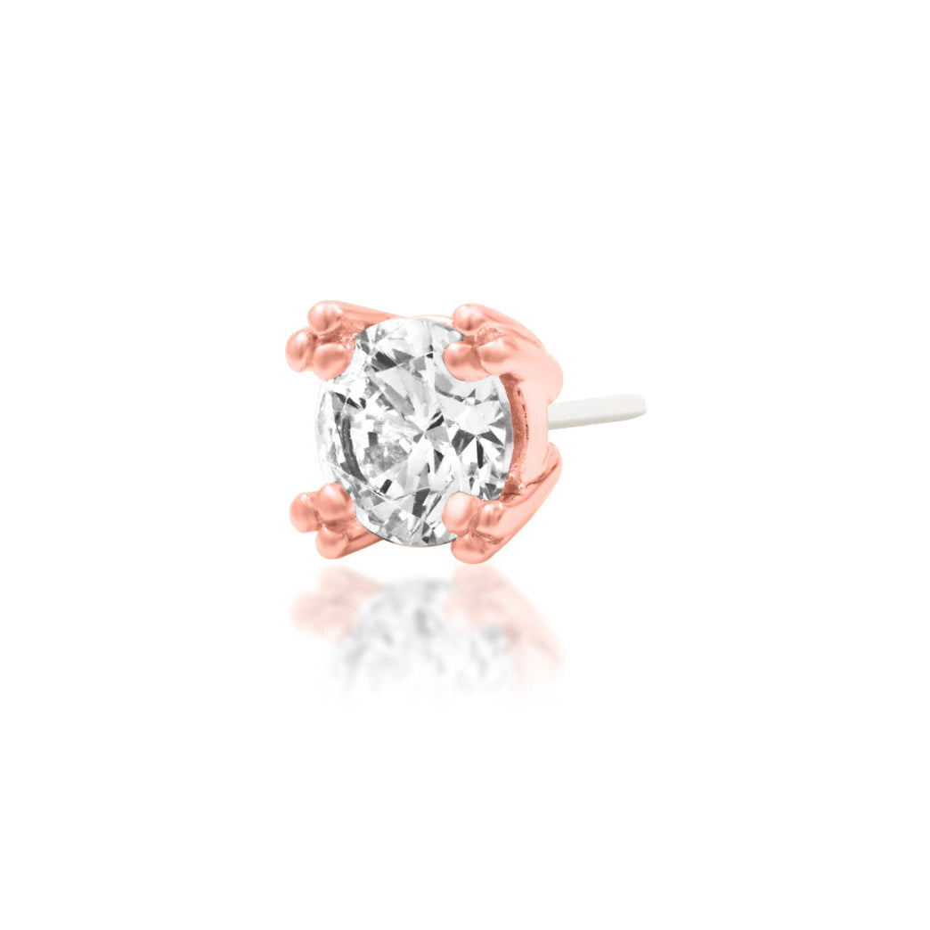 Junipurr Beaded Prong White CZ threadless decorative end in solid 14k rose gold, angled view.