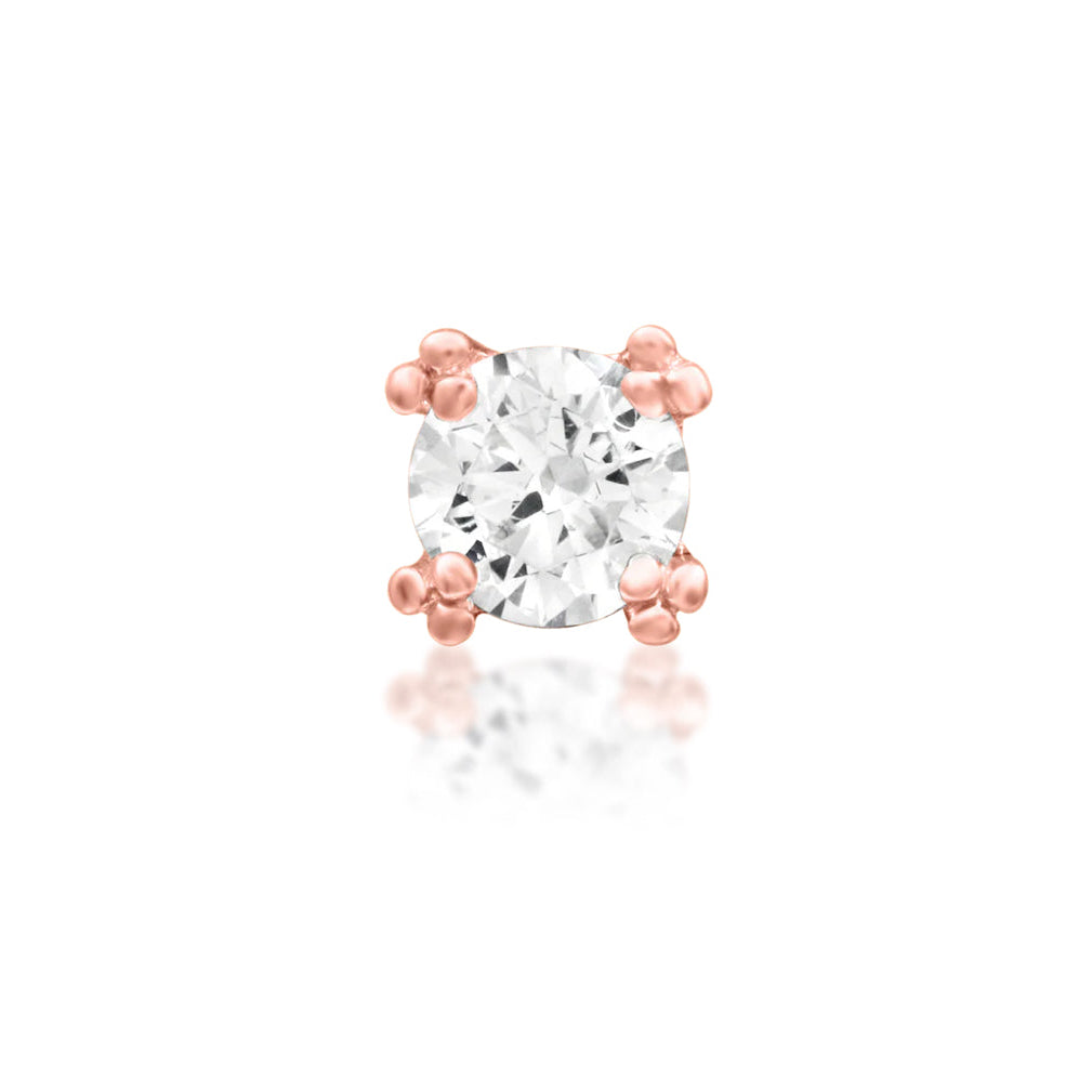 Junipurr Beaded Prong threadless end in solid 14k rose gold with a 4mm White CZ and detailed gold beading, front view.
