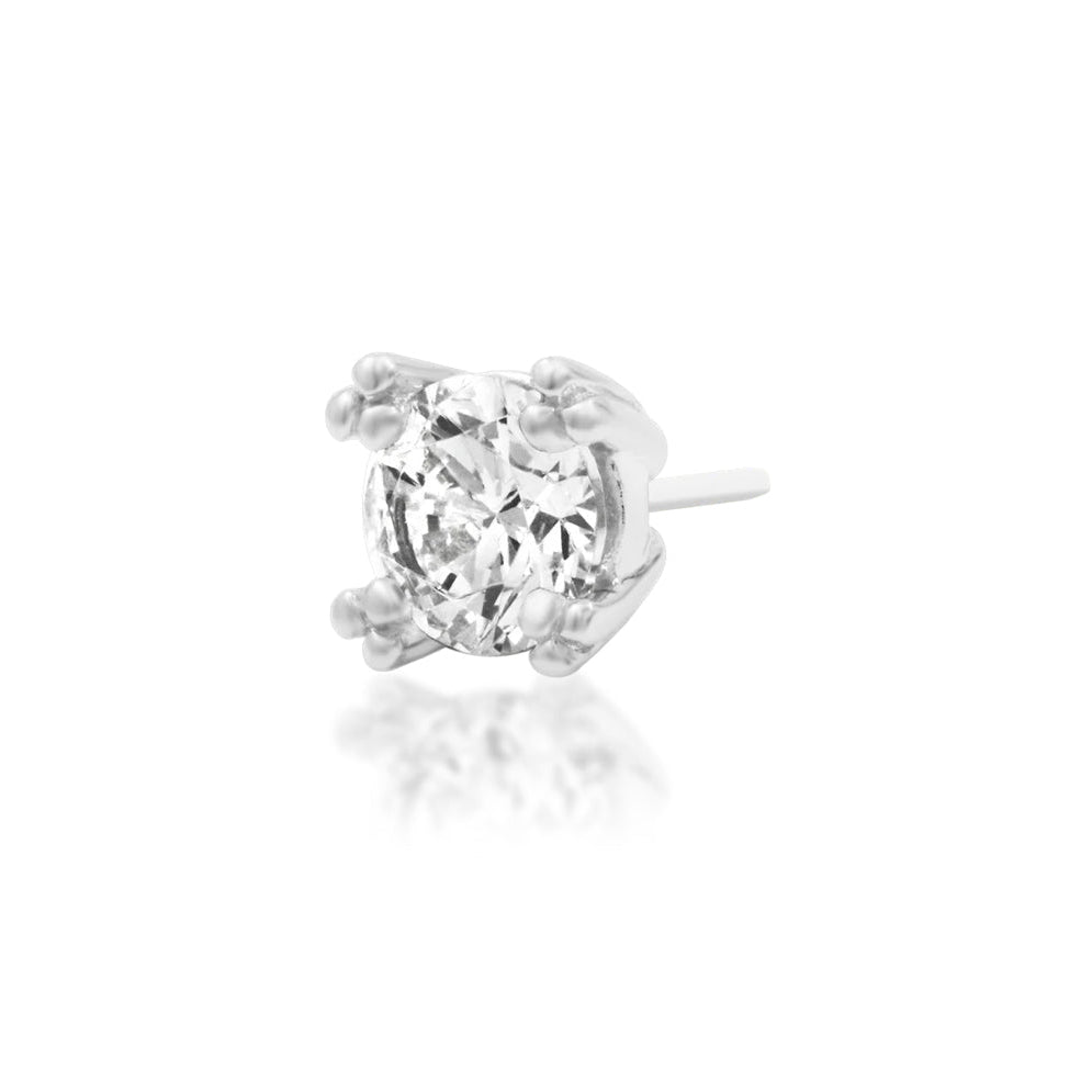 Junipurr Beaded Prong White CZ threadless decorative end in solid 14k white gold, angled view.