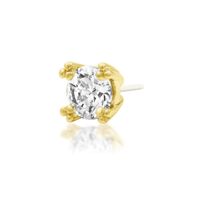 Junipurr Beaded Prong White CZ threadless decorative end in solid 14k yellow gold, angled view.