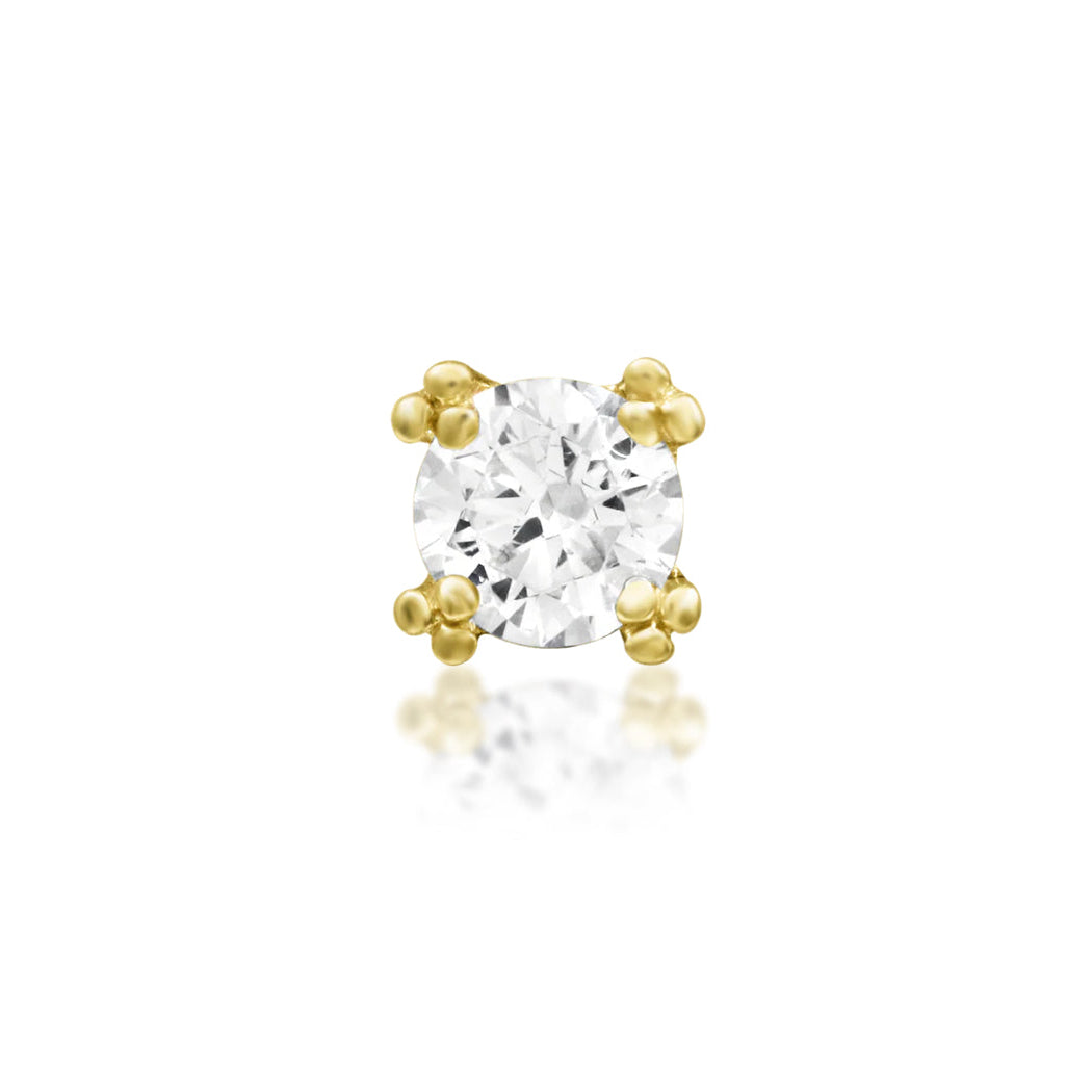 Junipurr Beaded Prong threadless end in solid 14k yellow gold with a 4mm White CZ and detailed gold beading, front view.