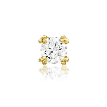 Junipurr Beaded Prong threadless end in solid 14k yellow gold with a 4mm White CZ and detailed gold beading, front view.