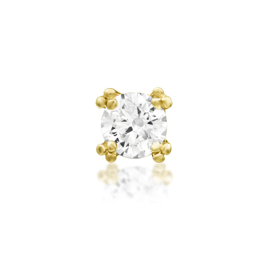 Junipurr Beaded Prong threadless end in solid 14k yellow gold with a 4mm White CZ and detailed gold beading, front view.