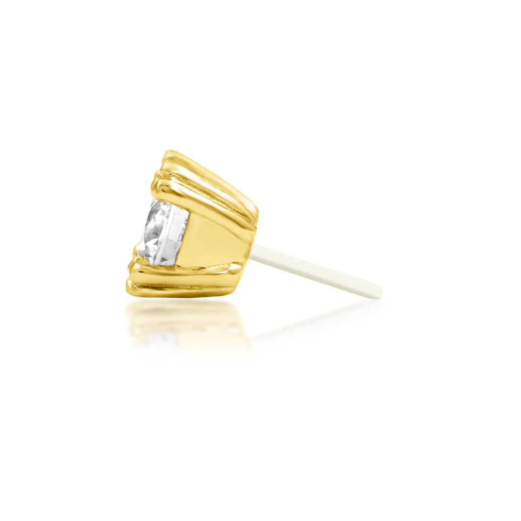 Junipurr Beaded Prong White CZ threadless decorative end in solid 14k yellow gold, side profile.