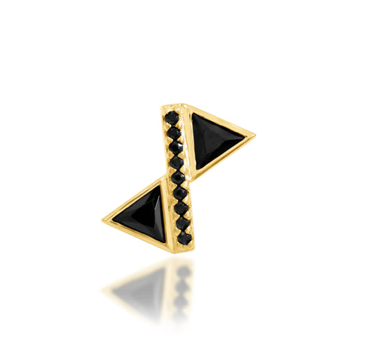 Junipurr Bethy solid 14k gold zig-zag threadless end with Black CZ triangles and White CZ accents, product view.