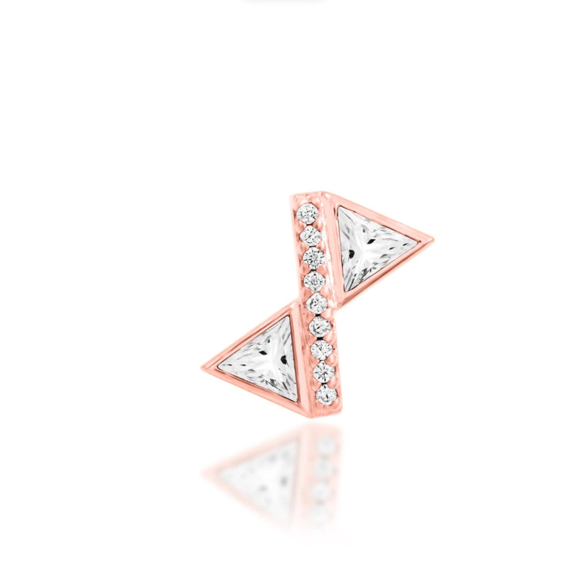 Junipurr Bethy solid 14k rose gold zig-zag threadless end with triangle-cut and round White CZ stones, front view.