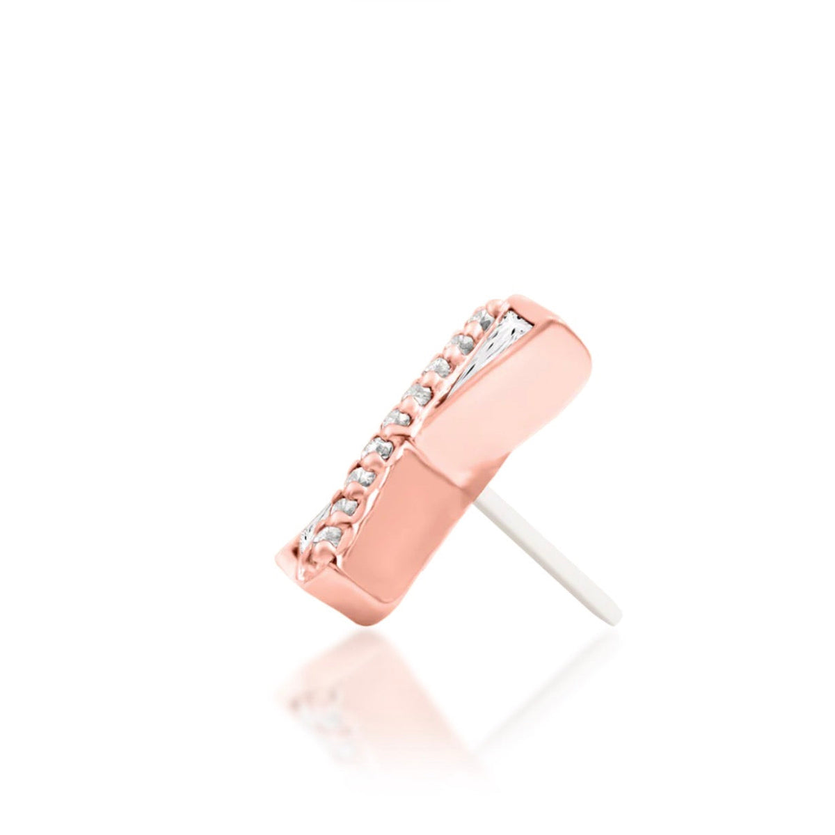 Junipurr Bethy solid 14k rose gold White CZ threadless end, side profile.