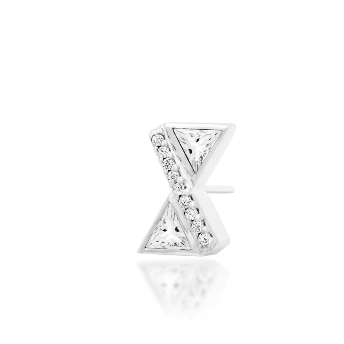 Junipurr Bethy solid 14k white gold geometric White CZ threadless end, angled view.
