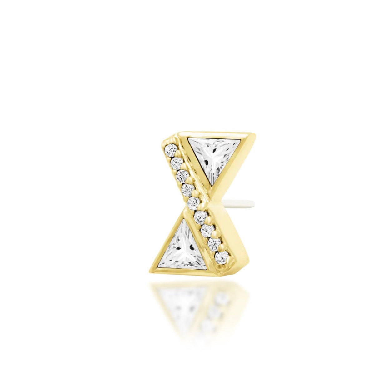 Junipurr Bethy solid 14k yellow gold geometric White CZ threadless end, angled view.