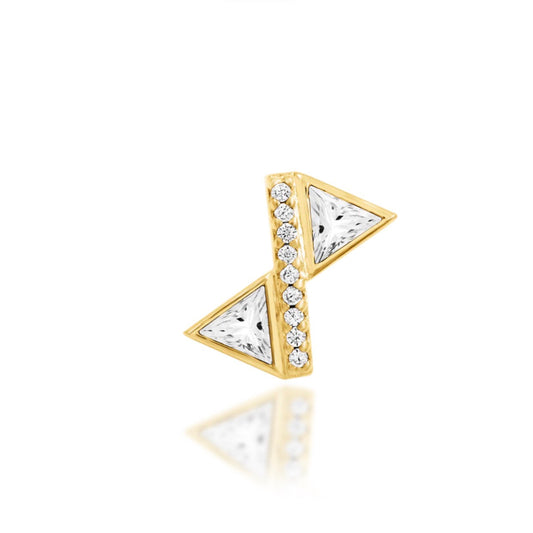 Junipurr Bethy solid 14k yellow gold zig-zag threadless end with triangle-cut and round White CZ stones, front view.