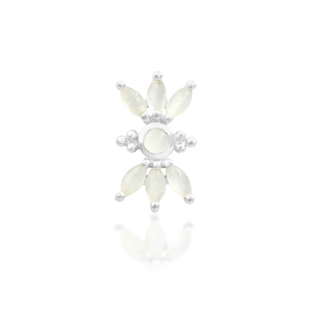 Junipurr Bette solid 14k white gold threadless end with a moonstone sunburst, front view.
