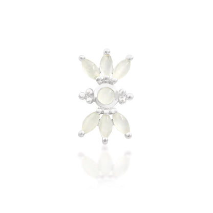 Junipurr Bette solid 14k white gold threadless end with a moonstone sunburst, front view.