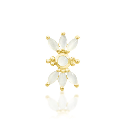 Junipurr Bette solid 14k yellow gold threadless end with a moonstone sunburst, front view.