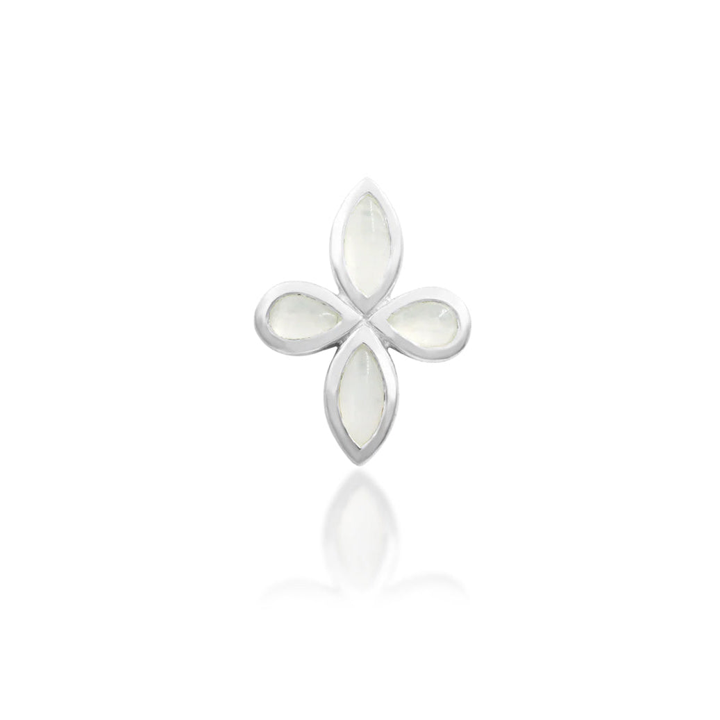 Junipurr Betty white gold flower earring featuring four pear-shaped moonstone gems
