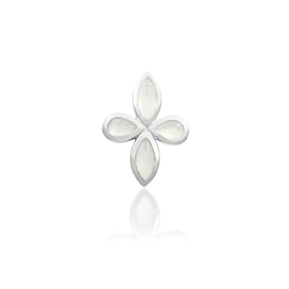 Junipurr Betty white gold flower earring featuring four pear-shaped moonstone gems
