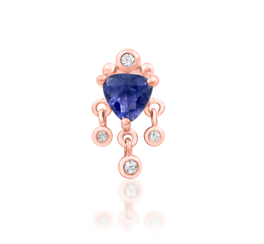 Junipurr Bevlah solid 14k rose gold Iolite and White CZ dangle threadless end, front view.