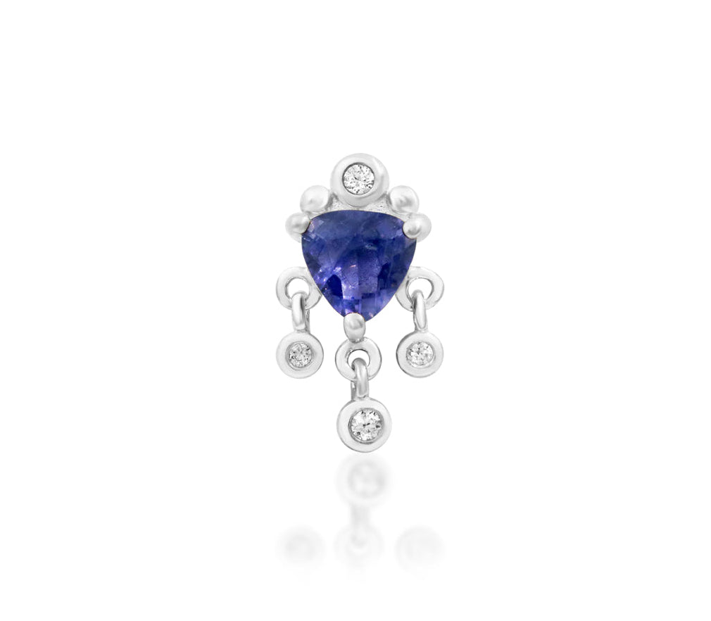 Junipurr Bevlah solid 14k white gold Iolite and White CZ dangle threadless end, front view.