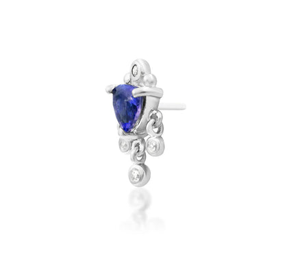 Junipurr Bevlah solid 14k white gold Iolite and White CZ dangle threadless end, side profile.