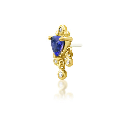 Junipurr Bevlah solid 14k yellow gold Iolite and White CZ dangle threadless end, side profile.