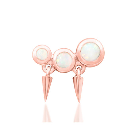 Junipurr Blake solid 14k rose gold spiked opal threadless end, angled view.