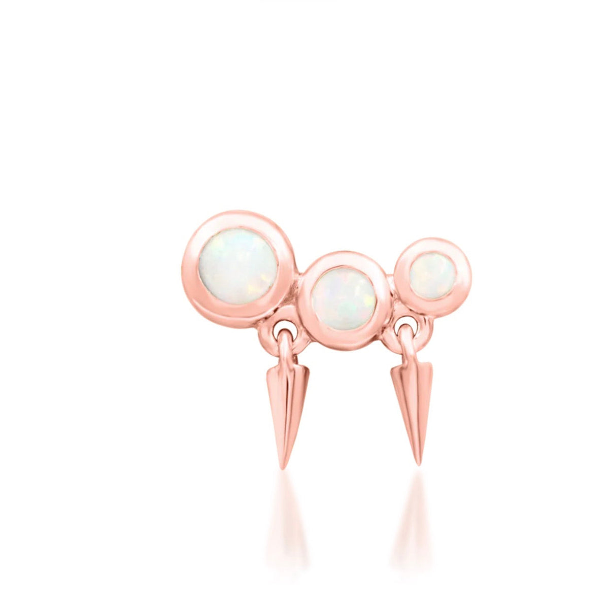 Junipurr Blake solid 14k rose gold threadless end with three graduated opals and polished gold spikes, front view.