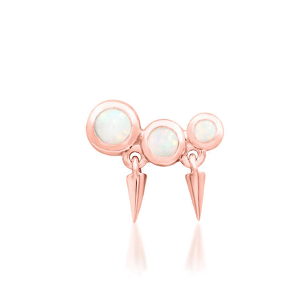 Junipurr Blake solid 14k rose gold threadless end with three graduated opals and polished gold spikes, front view.