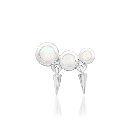 Junipurr Blake solid 14k white gold threadless end with three graduated opals and polished gold spikes, front view.