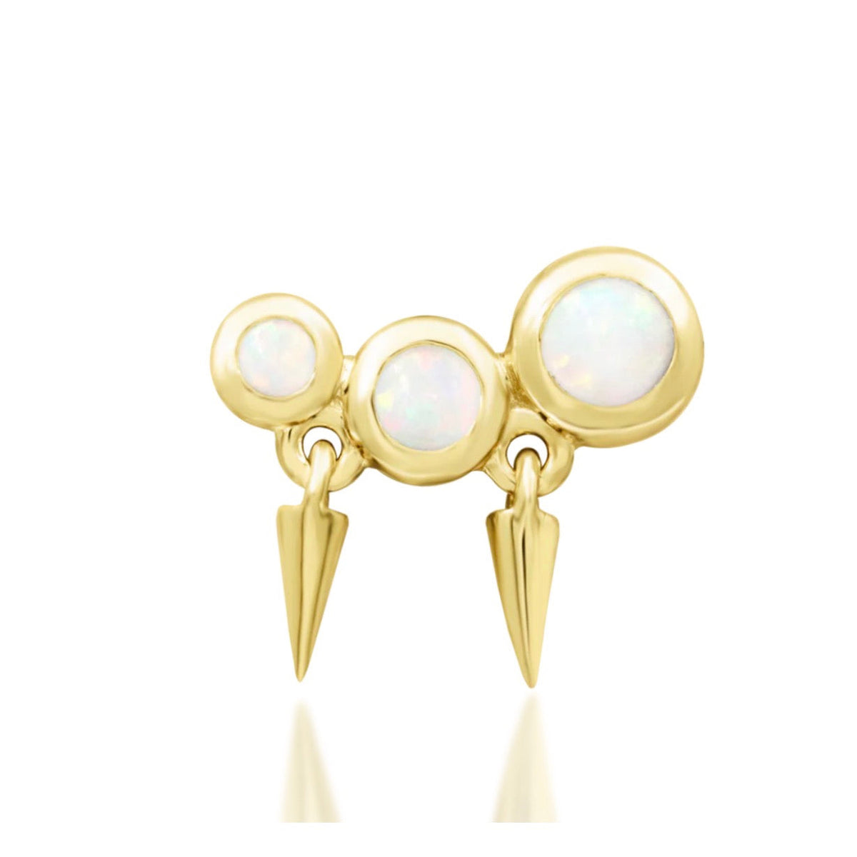 Junipurr Blake solid 14k yellow gold spiked opal threadless end, angled view.