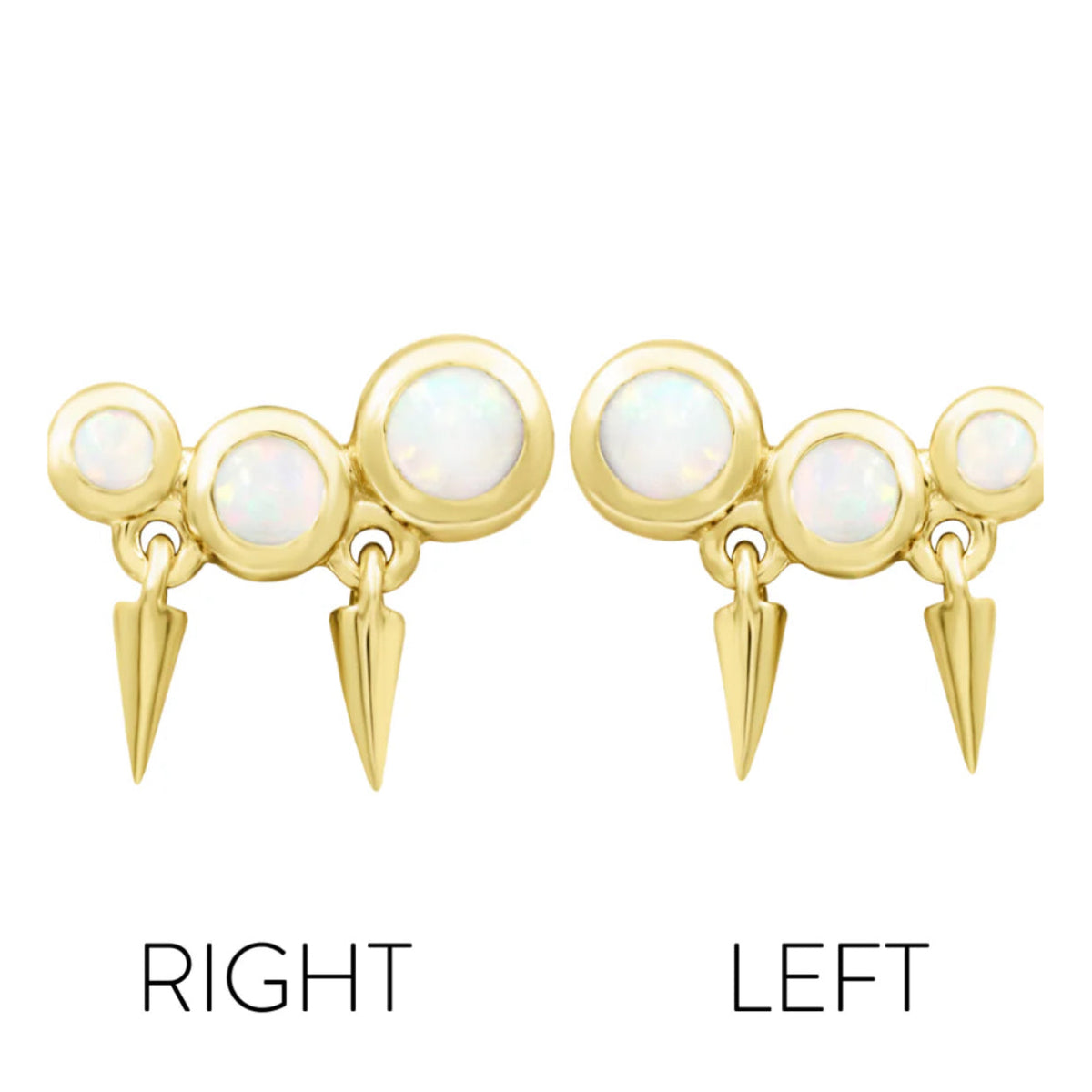 Close product view of Junipurr Blake in solid 14k yellow gold showing three graduated opals and polished spike details.