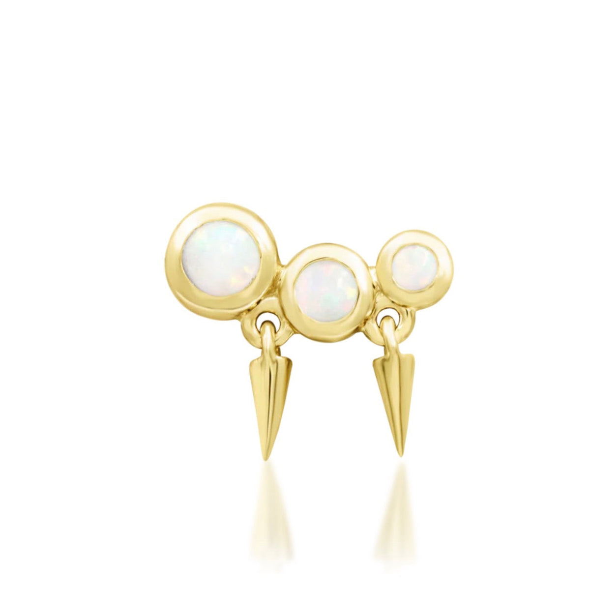 Junipurr Blake solid 14k yellow gold threadless end with three graduated opals and polished gold spikes, front view.